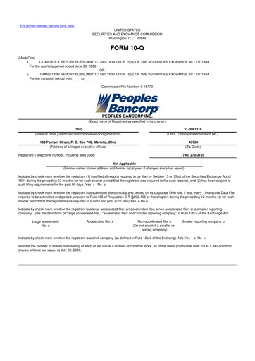 Thumbnail Peoples Bancorp 10-Q Quarterly Report FY 