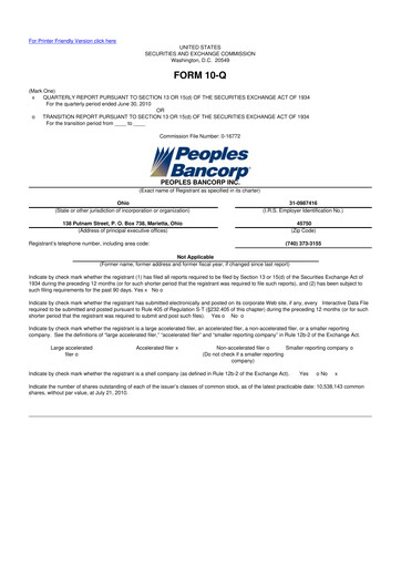 Thumbnail Peoples Bancorp 10-Q Quarterly Report FY 