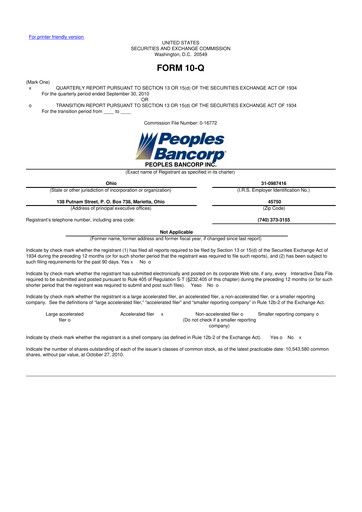 Thumbnail Peoples Bancorp 10-Q Quarterly Report FY 