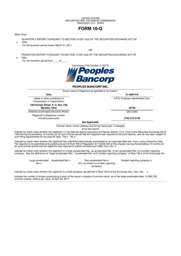 Thumbnail Peoples Bancorp 10-Q Quarterly Report FY 