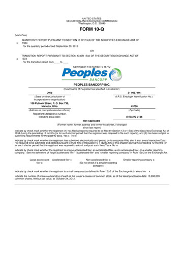 Thumbnail Peoples Bancorp 10-Q Quarterly Report FY 