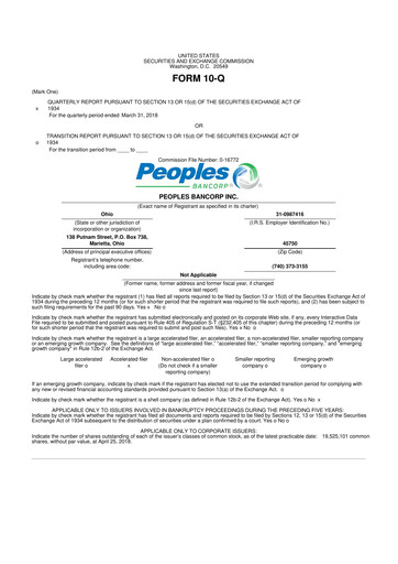 Thumbnail Peoples Bancorp 10-Q Quarterly Report FY 
