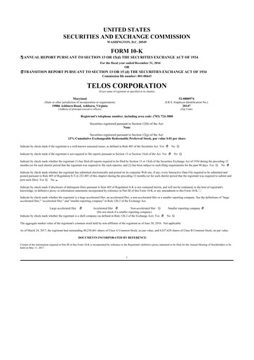 Thumbnail Telos 10-K Annual Report 2016