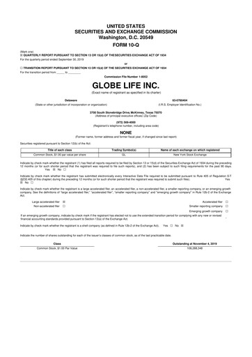 Thumbnail Globe Life
 10-Q Quarterly Report FY2019 