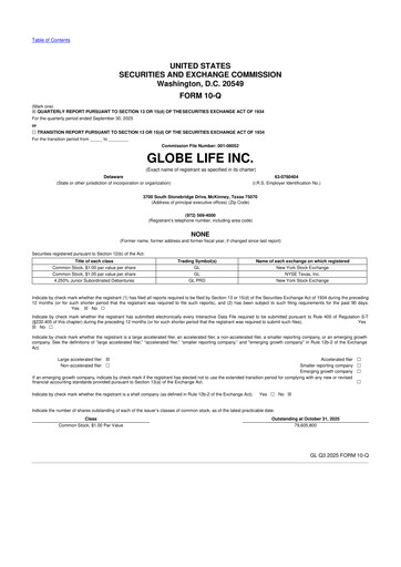 Thumbnail Globe Life
 10-Q Quarterly Report FY2025 