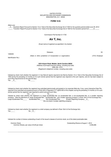 Miniature Air T, Inc. 10-Q Rapport trimestriel  