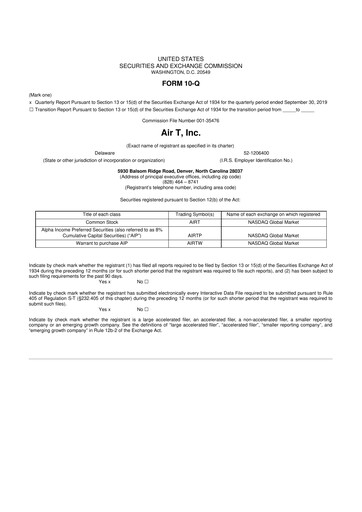 Miniature Air T, Inc. 10-Q Rapport trimestriel  