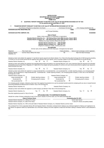 Thumbnail Hawaiian Electric Industries 10-Q Quarterly Report FY 