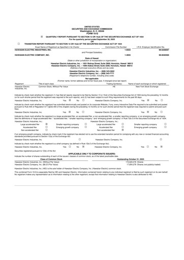 Thumbnail Hawaiian Electric Industries 10-Q Quarterly Report FY 