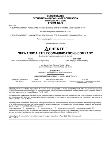 Thumbnail Shentel 10-Q Quarterly Report FY 