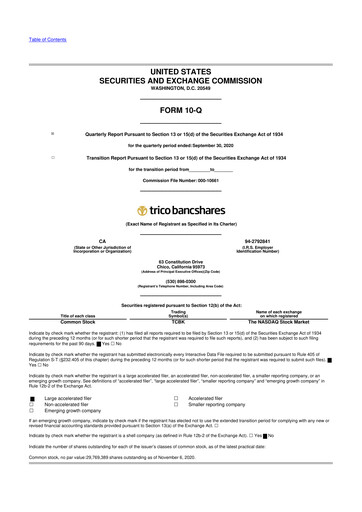 Thumbnail TriCo Bancshares 10-Q Quarterly Report FY2020 