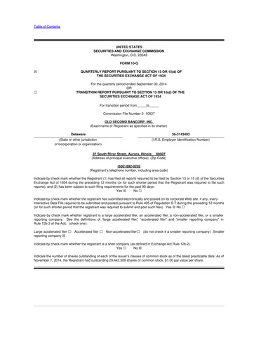 Vorschaubild Old Second Bancorp 10-Q Quartalsbericht 2014 