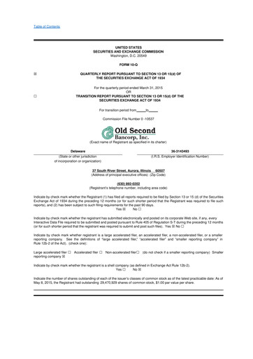 Vorschaubild Old Second Bancorp 10-Q Quartalsbericht 2015 
