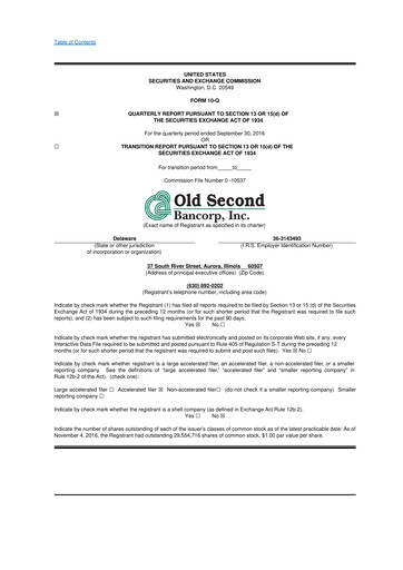 Vorschaubild Old Second Bancorp 10-Q Quartalsbericht 2016 
