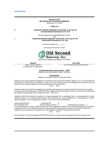 Vorschaubild Old Second Bancorp 10-Q Quartalsbericht 2018 