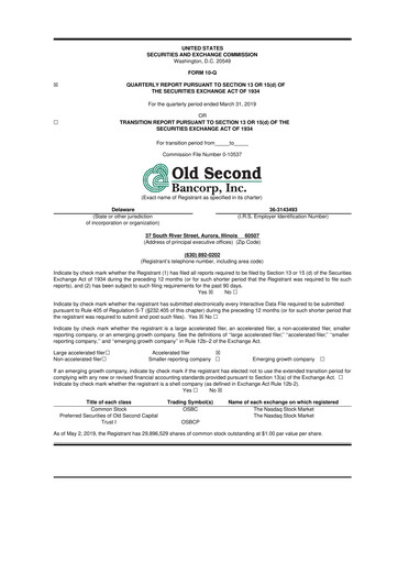 Vorschaubild Old Second Bancorp 10-Q Quartalsbericht 2019 