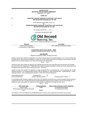 Vorschaubild Old Second Bancorp 10-Q Quartalsbericht 2019 
