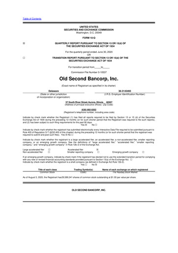 Vorschaubild Old Second Bancorp 10-Q Quartalsbericht 2020 
