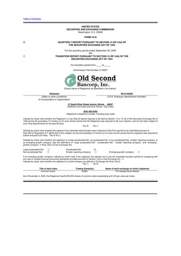 Vorschaubild Old Second Bancorp 10-Q Quartalsbericht 2020 