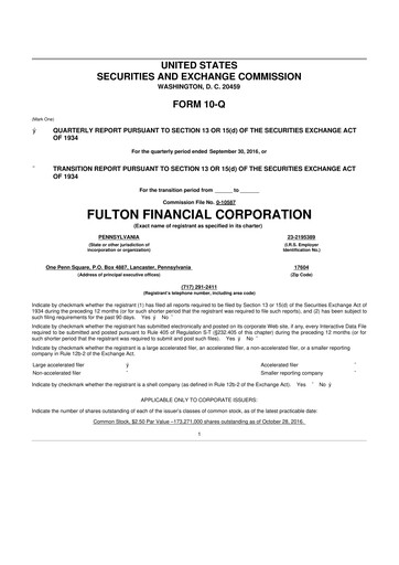 Thumbnail Fulton Financial 10-Q Quarterly Report FY2016 