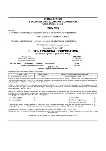 Thumbnail Fulton Financial 10-Q Quarterly Report FY2020 
