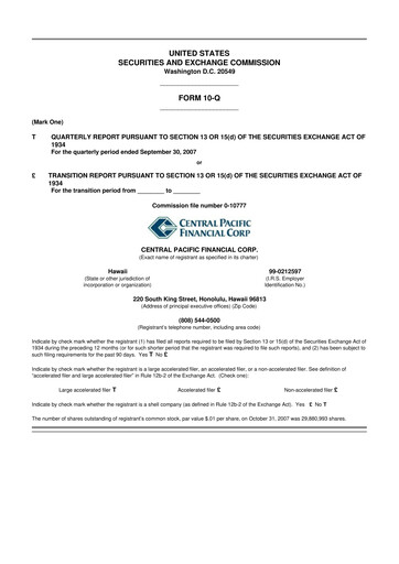 Miniature Central Pacific Financial 10-Q Rapport trimestriel  