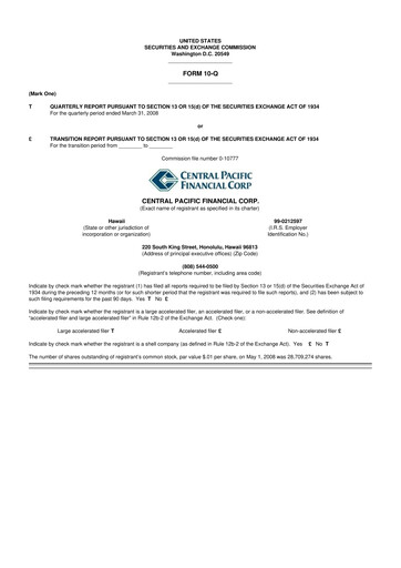 Miniature Central Pacific Financial 10-Q Rapport trimestriel  