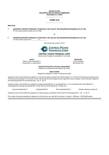 Miniature Central Pacific Financial 10-Q Rapport trimestriel  