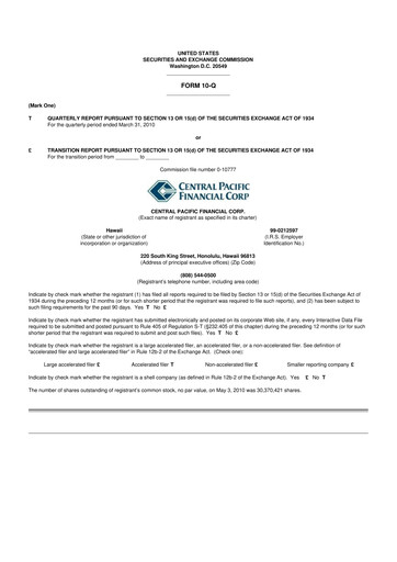 Miniature Central Pacific Financial 10-Q Rapport trimestriel  