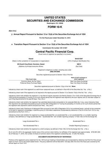 Miniature Central Pacific Financial 10-K Rapport annuel 2015