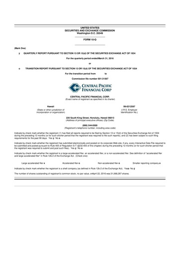 Miniature Central Pacific Financial 10-Q Rapport trimestriel 2016 