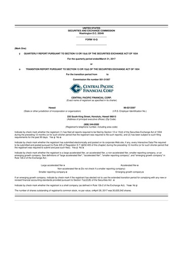 Miniature Central Pacific Financial 10-Q Rapport trimestriel 2017 