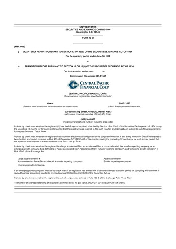 Miniature Central Pacific Financial 10-Q Rapport trimestriel 2018 