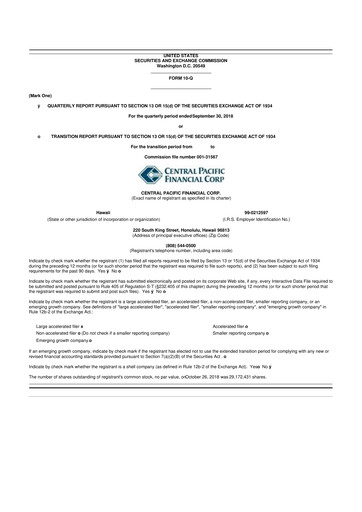 Miniature Central Pacific Financial 10-Q Rapport trimestriel 2018 