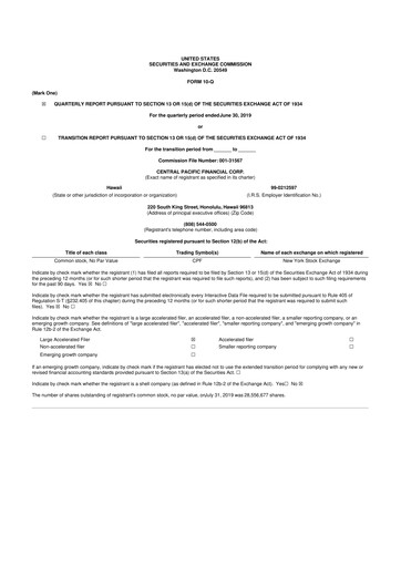 Miniature Central Pacific Financial 10-Q Rapport trimestriel 2019 
