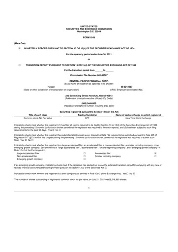 Miniature Central Pacific Financial 10-Q Rapport trimestriel 2021 