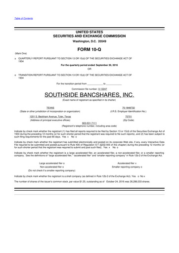 Thumbnail Southside Bancshares 10-Q Quarterly Report FY2016 