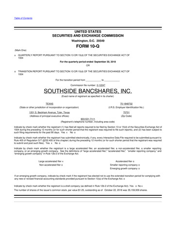 Thumbnail Southside Bancshares 10-Q Quarterly Report FY2018 