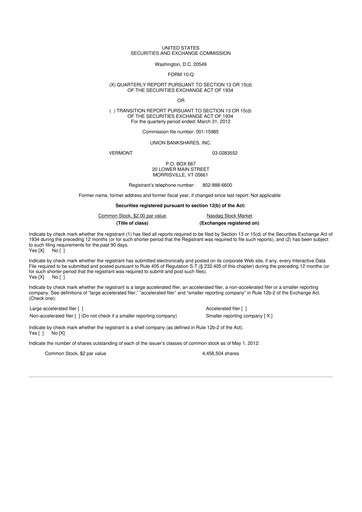 Miniature Union Bankshares 10-Q Rapport trimestriel 2012 