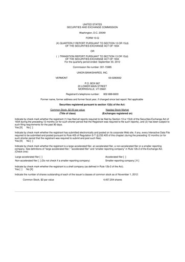 Miniature Union Bankshares 10-Q Rapport trimestriel 2012 