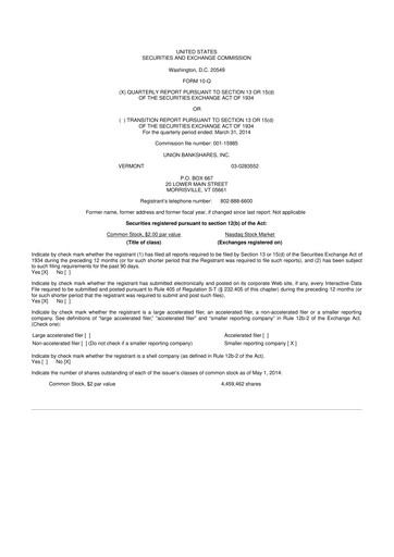 Miniature Union Bankshares 10-Q Rapport trimestriel 2014 