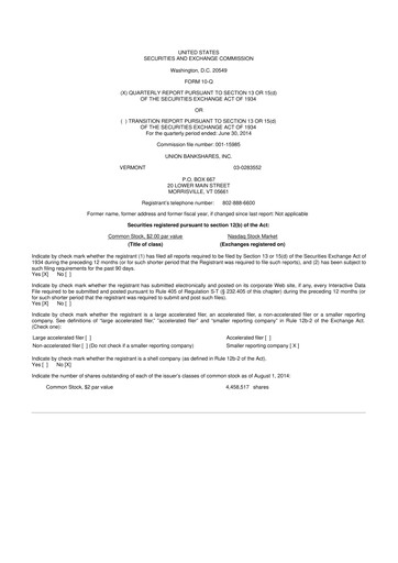 Miniature Union Bankshares 10-Q Rapport trimestriel 2014 