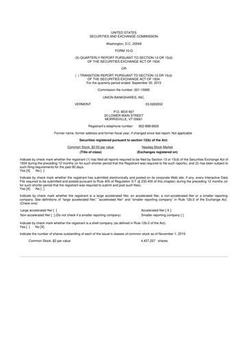 Miniature Union Bankshares 10-Q Rapport trimestriel 2015 