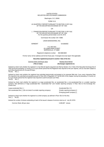 Miniature Union Bankshares 10-Q Rapport trimestriel 2018 