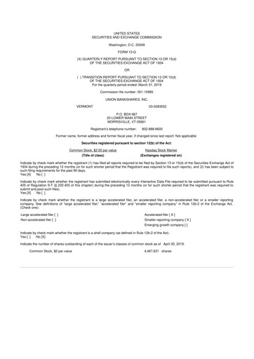 Miniature Union Bankshares 10-Q Rapport trimestriel 2019 