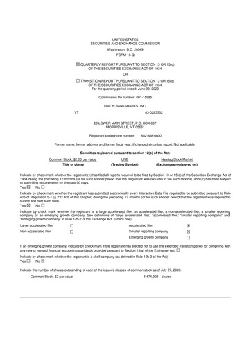 Miniature Union Bankshares 10-Q Rapport trimestriel 2020 