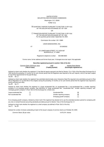 Miniature Union Bankshares 10-Q Rapport trimestriel 2020 