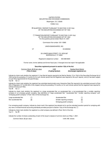 Miniature Union Bankshares 10-Q Rapport trimestriel 2021 
