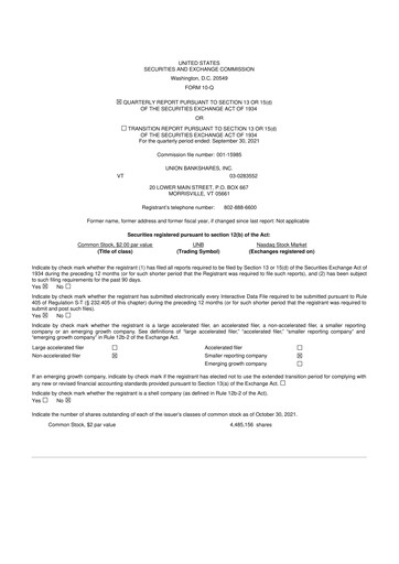 Miniature Union Bankshares 10-Q Rapport trimestriel 2021 