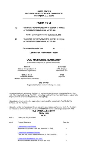 Miniature Old National Bank
 10-Q Rapport trimestriel  